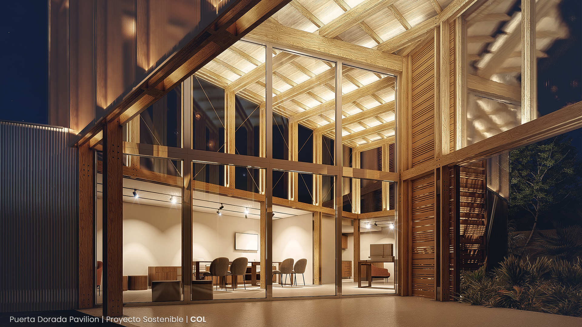 Wooden office lighted up by night