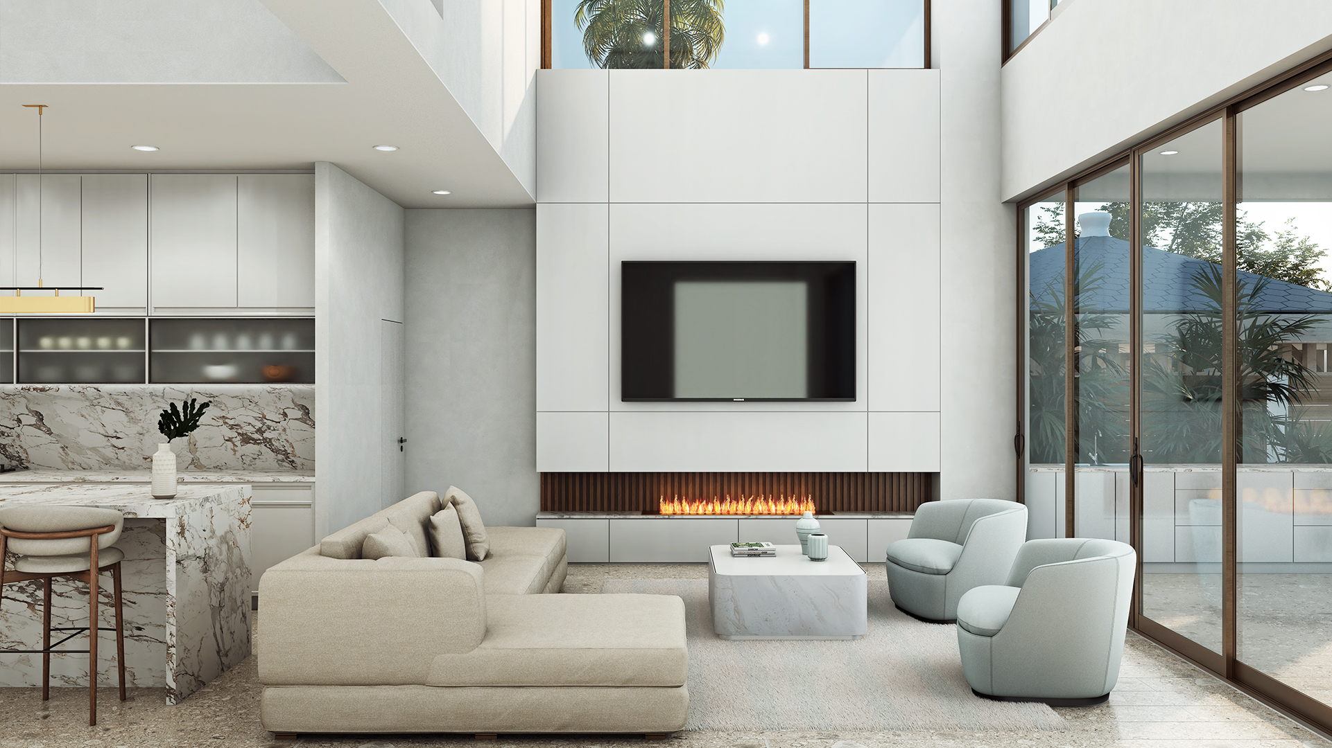White contemporary environment Tv above the fireplace white finishes
